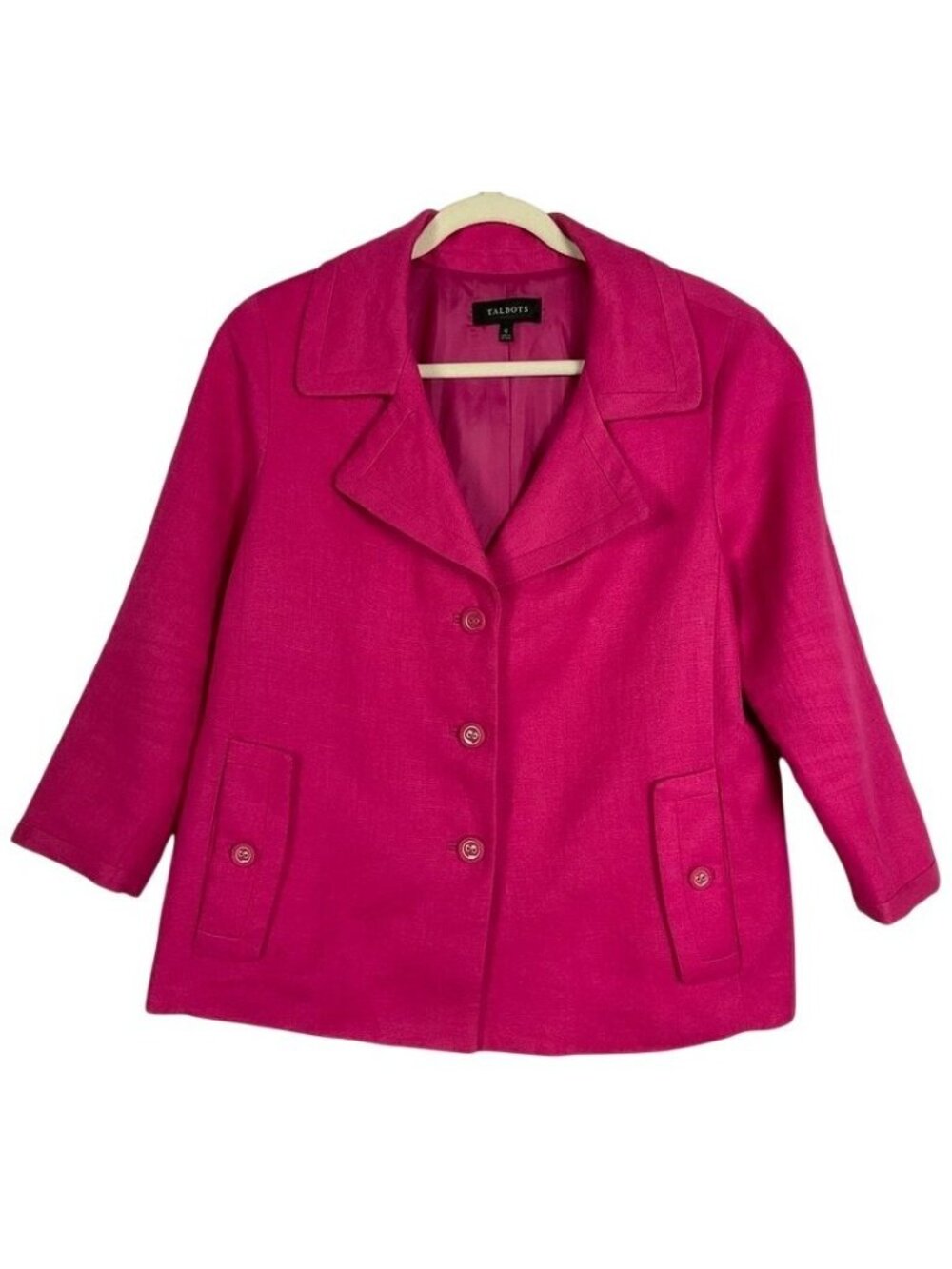 Talbots Jackie Fit Linen Blazer Fuchsia Pink 3 Button 3/4 Sleeve Size 12